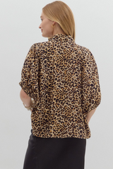Leopard Print High Neck Elastic Sleeve Dolman Top