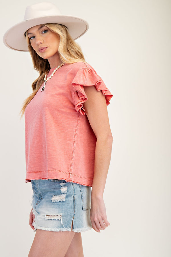 Coral Round Neck Relaxed Fit Wing Sleeve Top