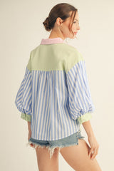 Blue Stripe Mix Button Front Top