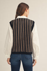 Black and Taupe Variety Button Accent Stripe Sweater Vest