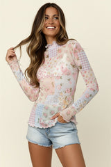 Curvy Ivory Colorful Floral Long Sleeve Mesh Top