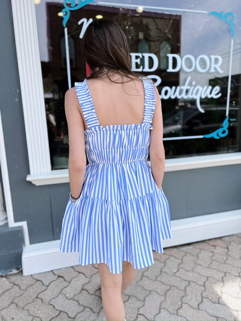 Blue And White Striped Bow Detail Dress