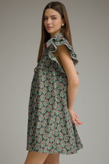 Green Printed Ruffle Sleeve Dress