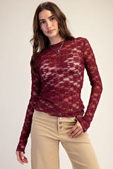 Wine Long Sleeve Popcorn Lace Fitted Top