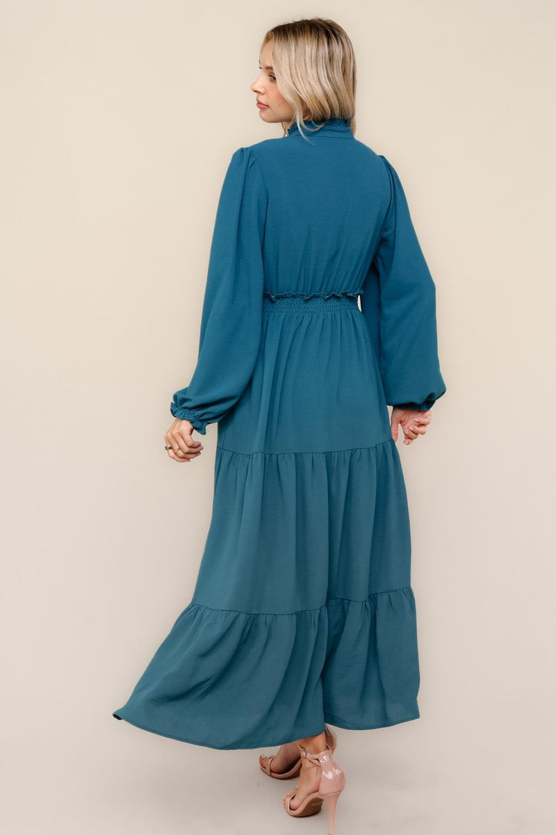 Curvy Frilled Smocked Waist Long Sleeve Midi Dress