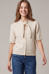 Oatmeal Short Sleeve Tie Neck Button Down Sweater