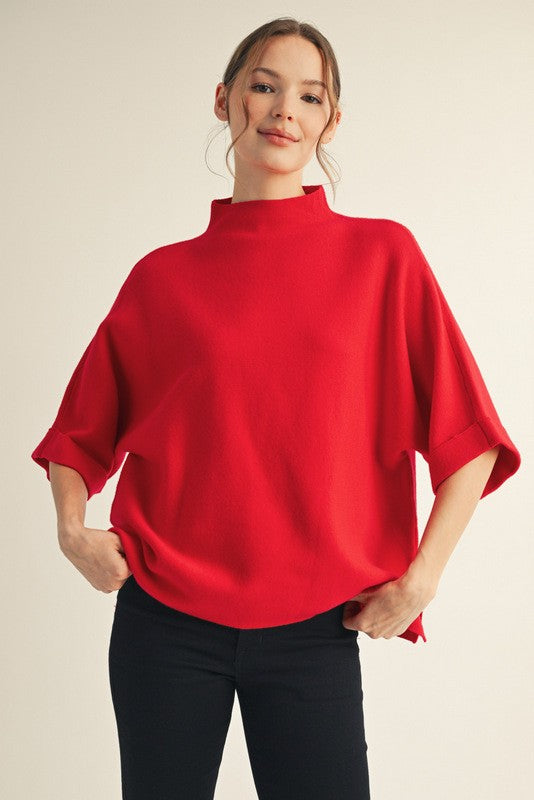 Red Mock Neck 3/4 Sleeve Sweater