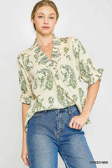 Green Linen V Neck Top