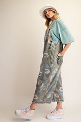 Olive Flower Printed Washed Denim Overalls