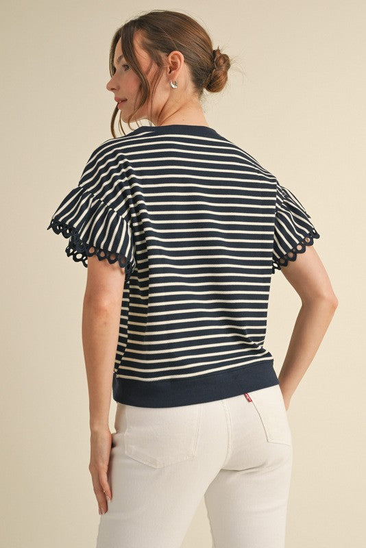 Navy and Off White Striped Crochet Detail Top