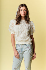 Cream Floral Overlay Sheer Sleeve Top