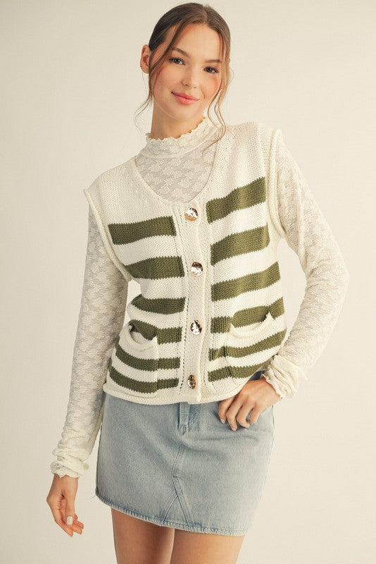Stripe Sweater Vest With Gold Buttons