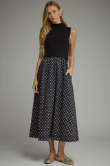 Black and White Polka Dot Sleeveless Midi Dress