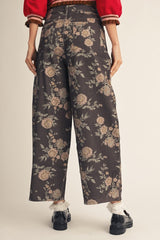 Brown Floral Wide Leg Barrel Pants