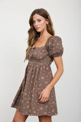 Dark Brown Ditsy Floral Puff Sleeve Dress