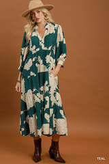 Teal Floral Printed Midi Dress