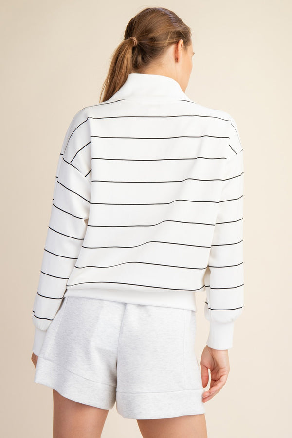 White and Black Striped Modal Scuba V-Neck Top