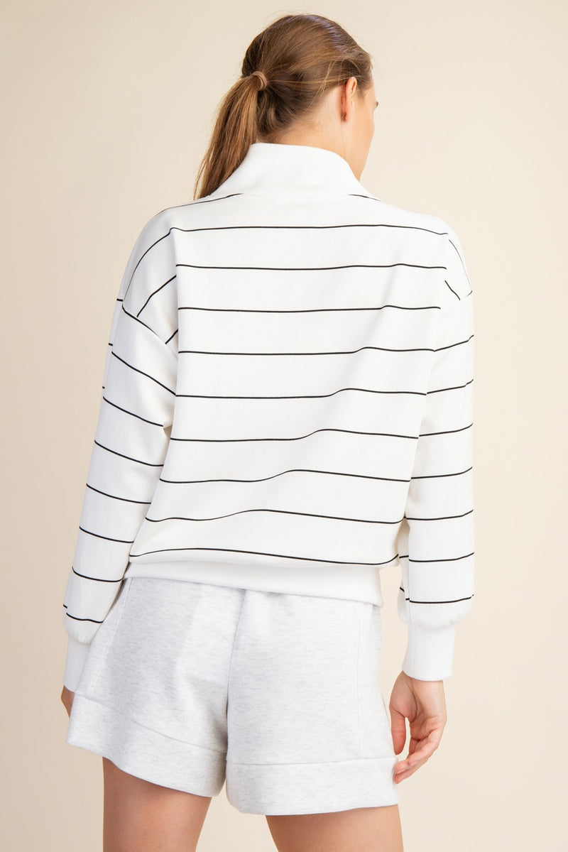 White and Black Striped Modal Scuba V-Neck Top