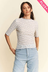 Curvy White and Blue Short Sleeve Floral Mesh Top