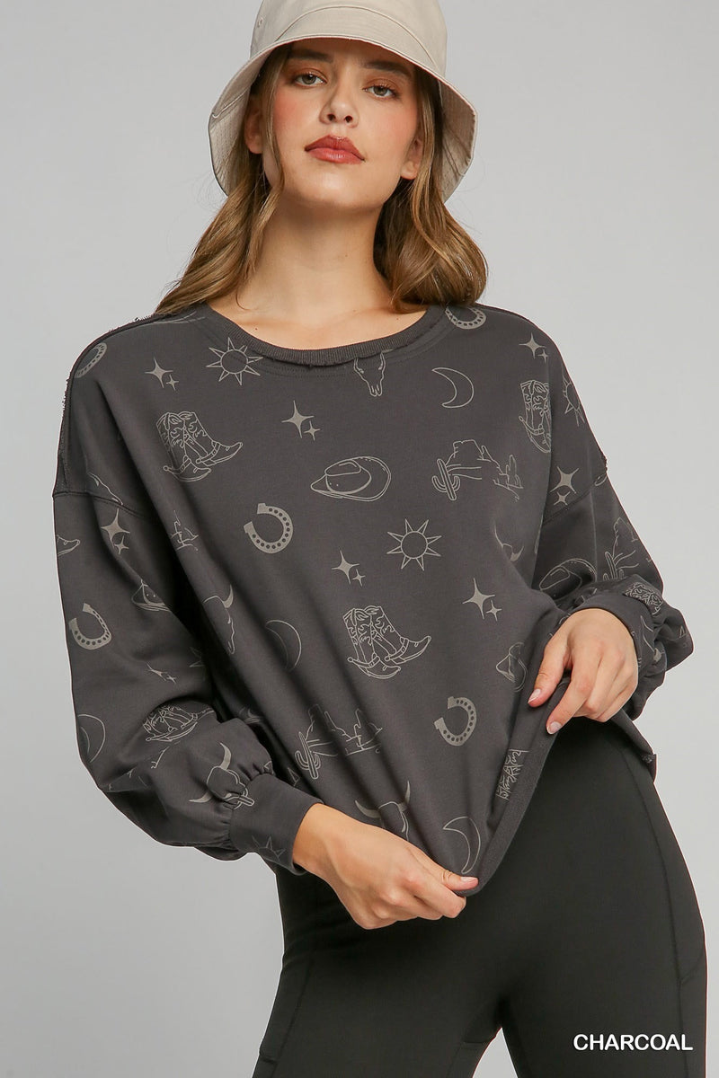 Western Print Graphic Crewneck
