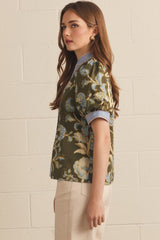 Olive Floral Contrast Button Front Puff Sleeve Top