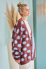 Curvy Brown and Blue Stripe Polka Dot Cardigan