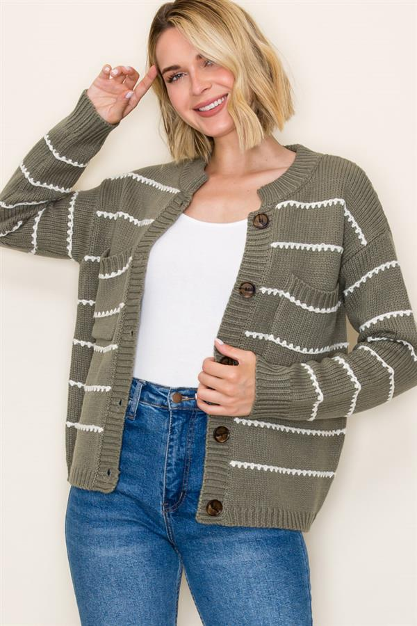 High Neck Double Pocket Texture Stripe Cardigan