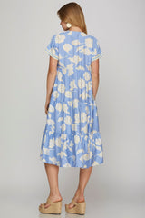Light Blue Drop Shoulder Tiered Midi Dress with Lace Details