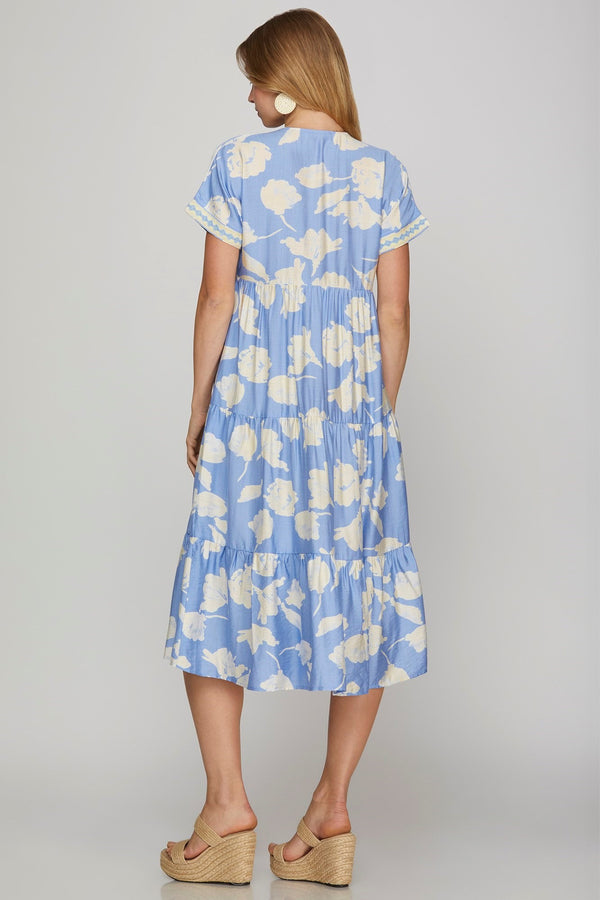Light Blue Drop Shoulder Tiered Midi Dress with Lace Details