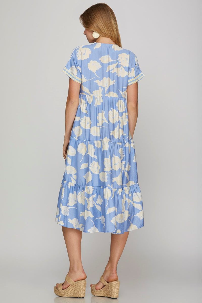 Light Blue Drop Shoulder Tiered Midi Dress with Lace Details