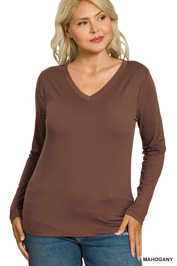 Curvy Brushed Microfiber Long Sleeve V-Neck Tee