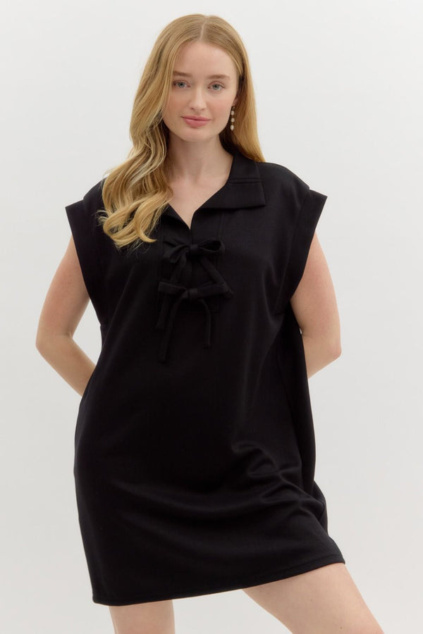 Black Modal Sleeveless Dress with Bow Details