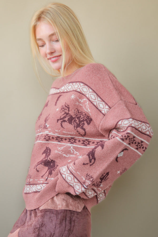 Mauve Western Horse Sweater