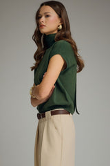 Hunter Green Mock Neck Back Tie Cap Sleeve Sweater