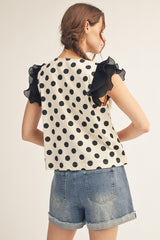 Mesh Cap Sleeve Button Down Polka Dot Top