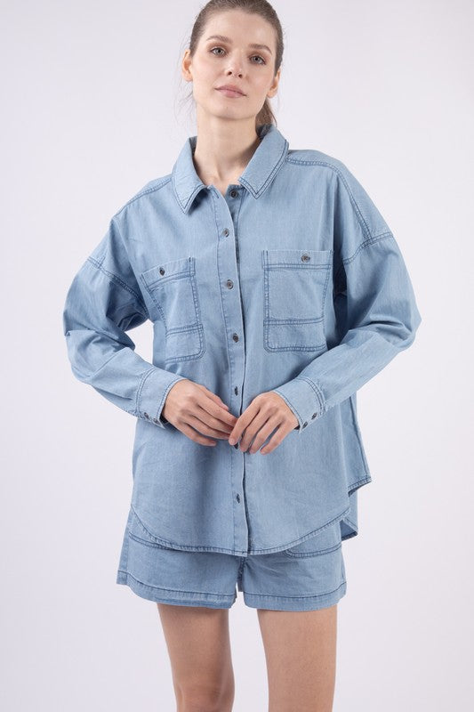 Curvy Acid Wash Light Chambray Button Up Top