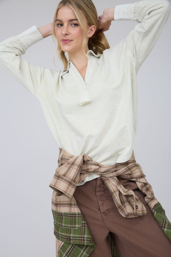 Oatmeal Long Sleeve V Neck Collared Shirt