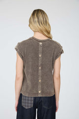 Dark Brown Faux Back Button Detail Short Sleeve Sweater