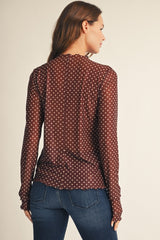 Brown Merrow Edge Polka Dot Mesh Top