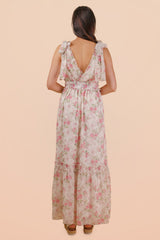 Pink Floral Surplice Tie Shoulder Maxi Dress