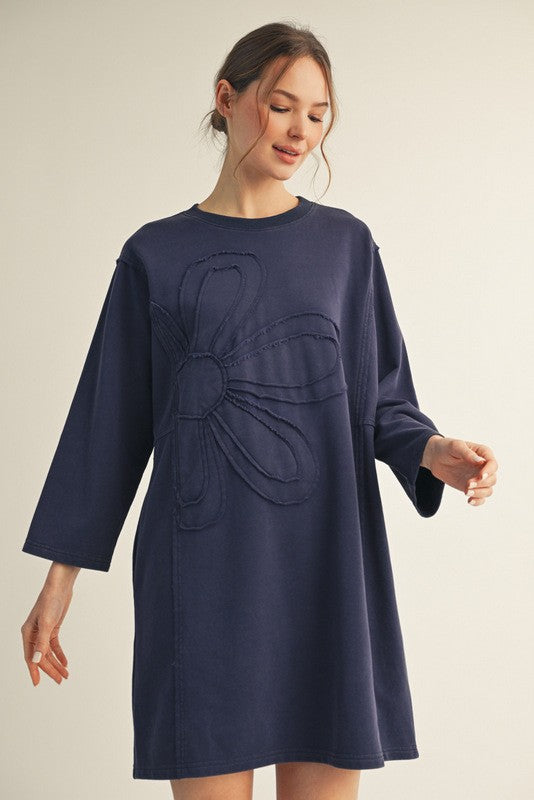 Navy Big Floral Patched Washed Dress