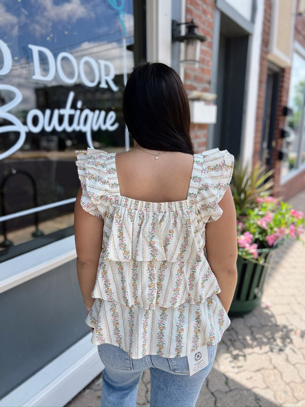 Floral Printed Ruffled Top with Pink Bow