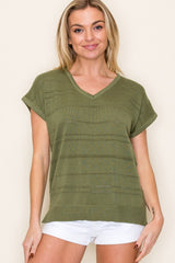 Olive V-Neck Striped Shortsleeve Sweater