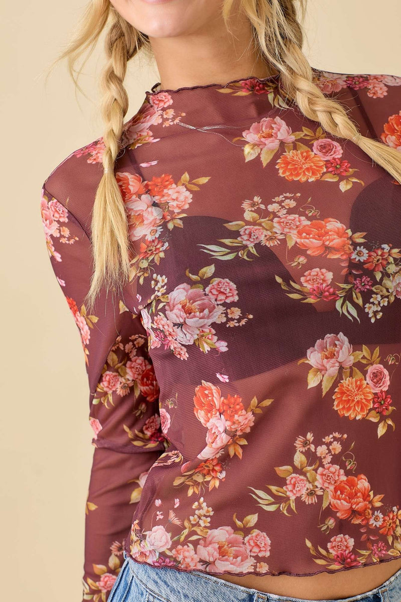 Brown Floral Printed Mesh Top