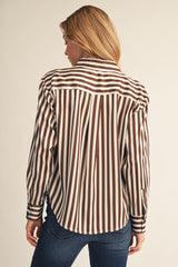 Brown Stripe Button Down Satin Top