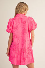 Hot Pink Short Puff Sleeve 3D Floral Dress