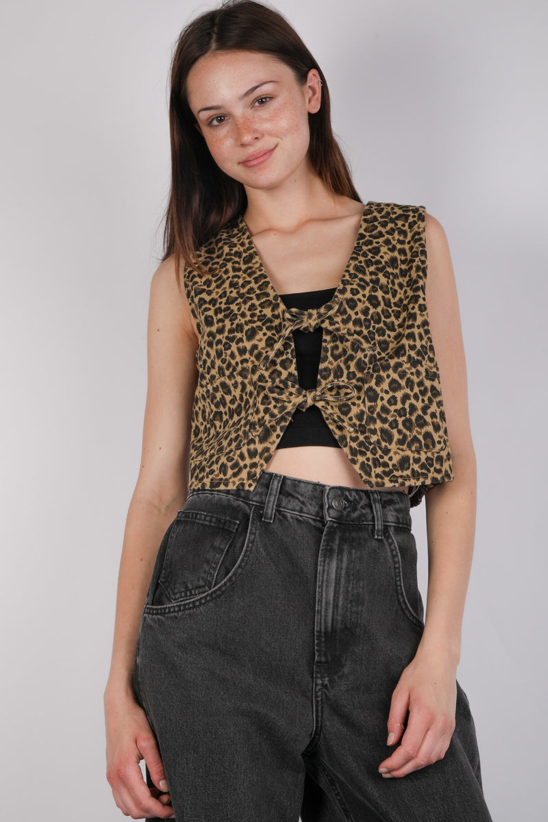 Leopard Denim Front Tie Cropped Vest