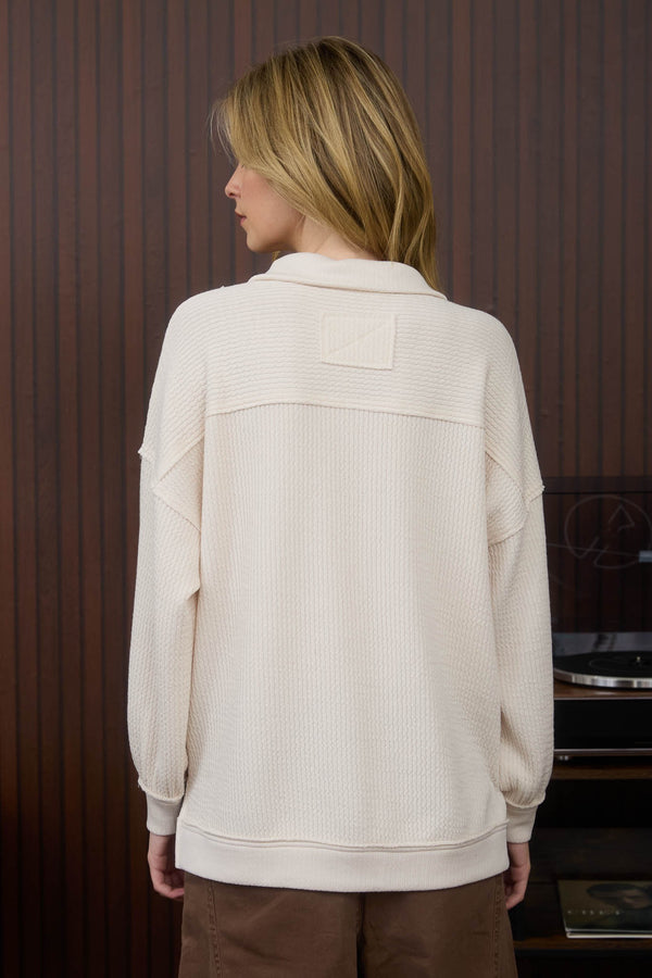 Cream Half Zip Long Sleeve Waffle Knit Top