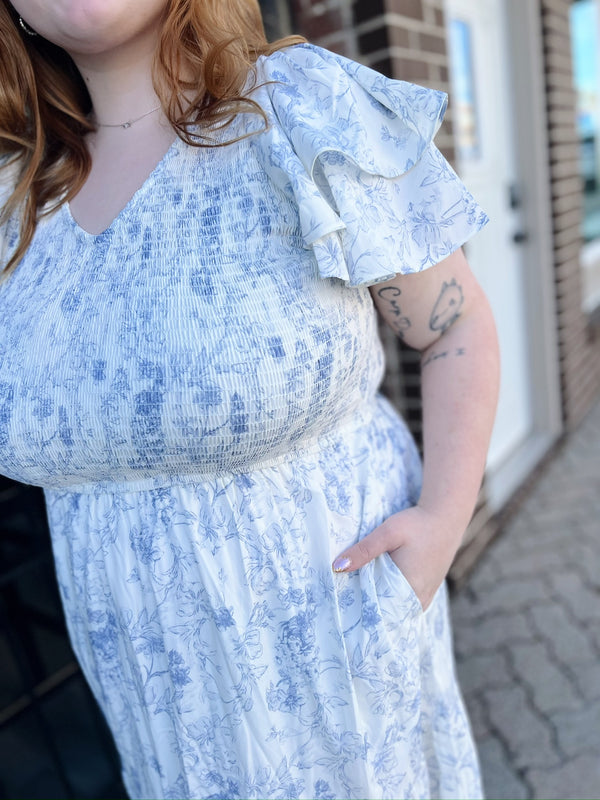 Curvy Blue Floral Print Ruffle Sleeve Dress