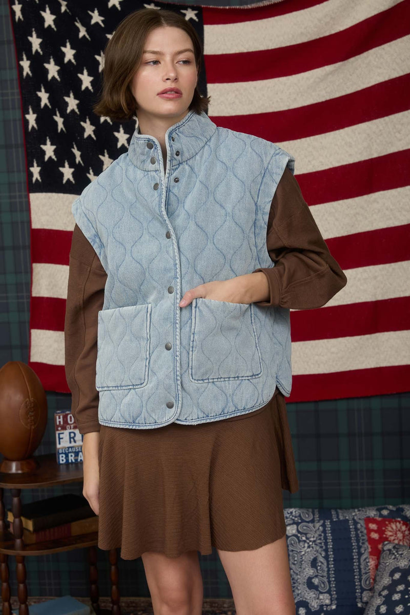 Denim Button Down Quilted Vest